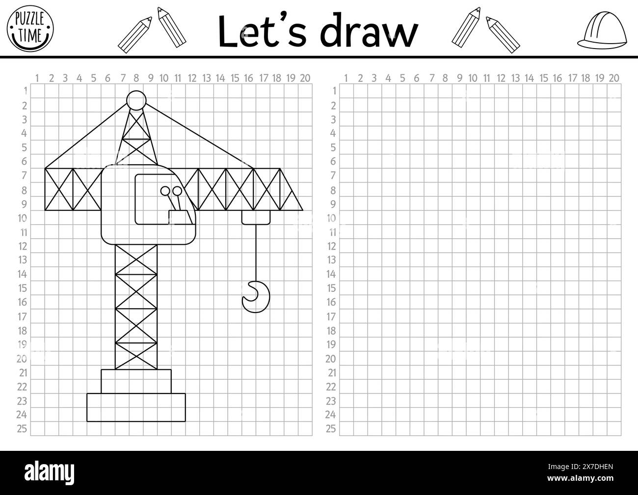 Draw lifting crane. Vector construction site drawing practice worksheet