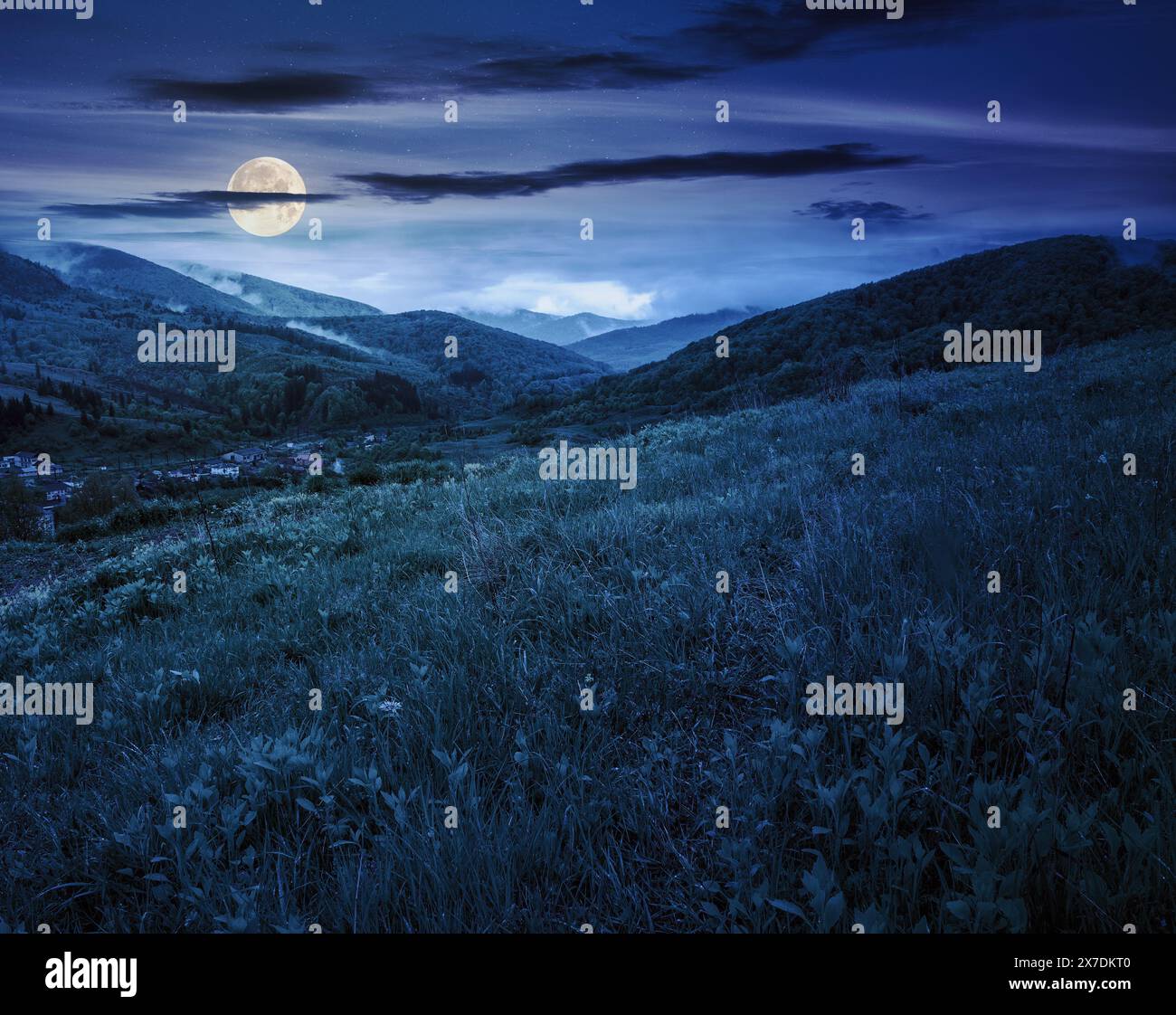 carpathian countryside in spring at night. beautiful rural landscape in carpathian mountain. wet grassy meadow in full moon light Stock Photo