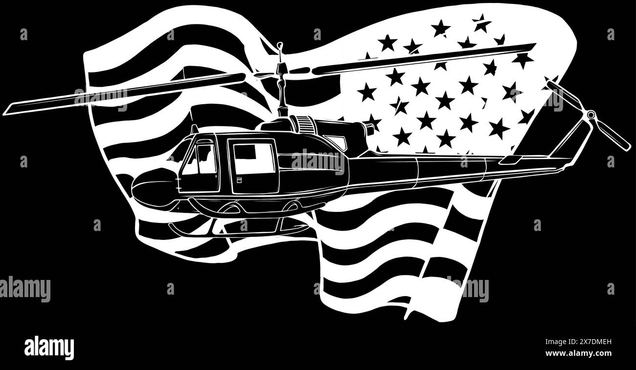 Helicopter in white line on black background Stock Vector