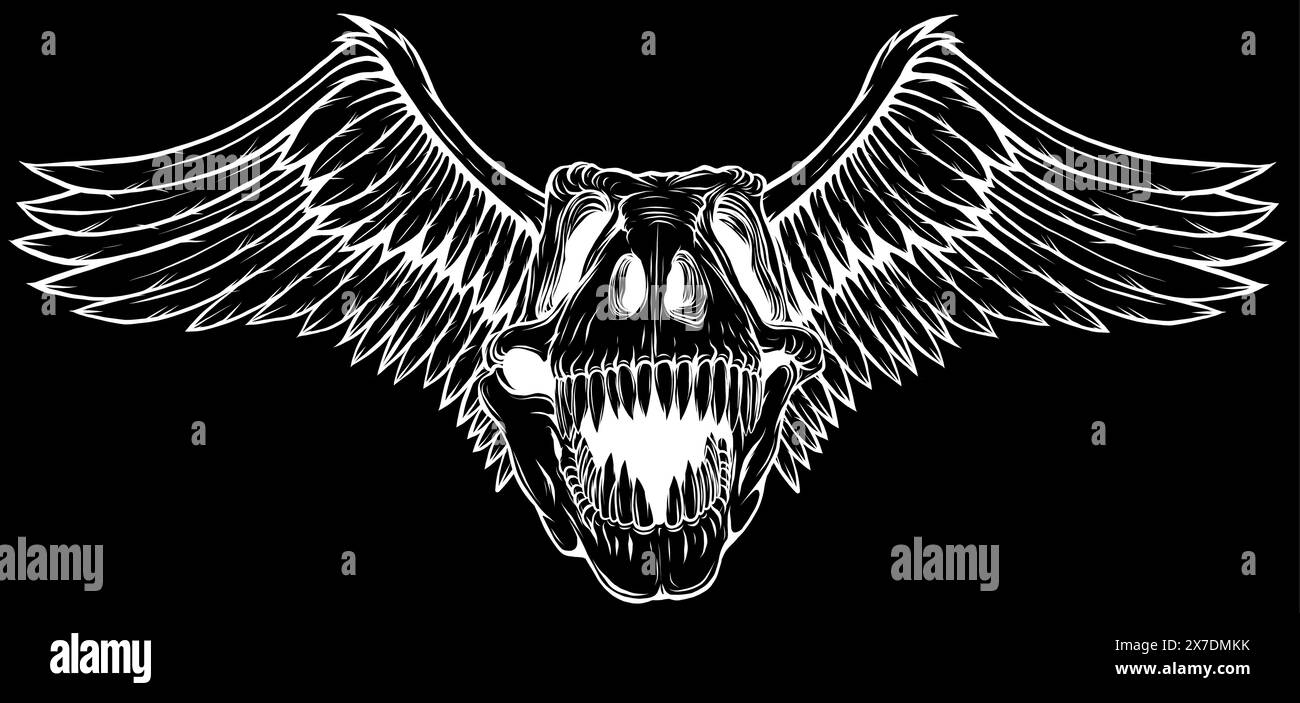 Dinosaur head skeleton in white line on black background Stock Vector