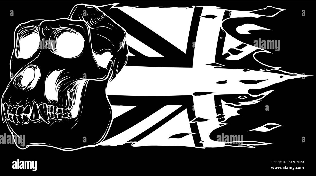Monkey skull in white line on black background Stock Vector