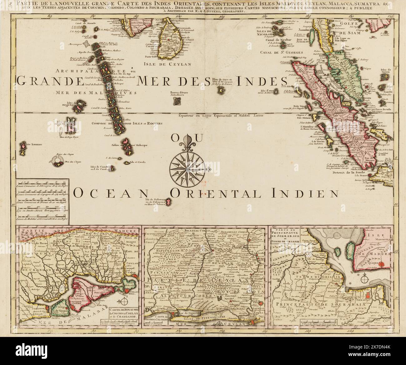 Vintage 18th century Map of the East Indies in regions by R&J Ottens, circa 1740s.  The New Large Map of the East Indies Containing the Isles Maldives, Ceylon, Malacca, Sumatra &c. with the adjacent lands of Couchin, Negombo, Colombo & Sourabaia carefully drawn up on several handwritten maps, by a skilful connoisseur, & published. Stock Photo