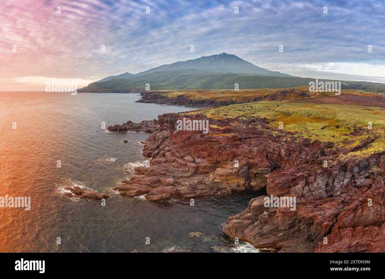 Aerial view The Yankito lava plateau on the Pacific coast of Kuril Islands,Russia. Stock Photo