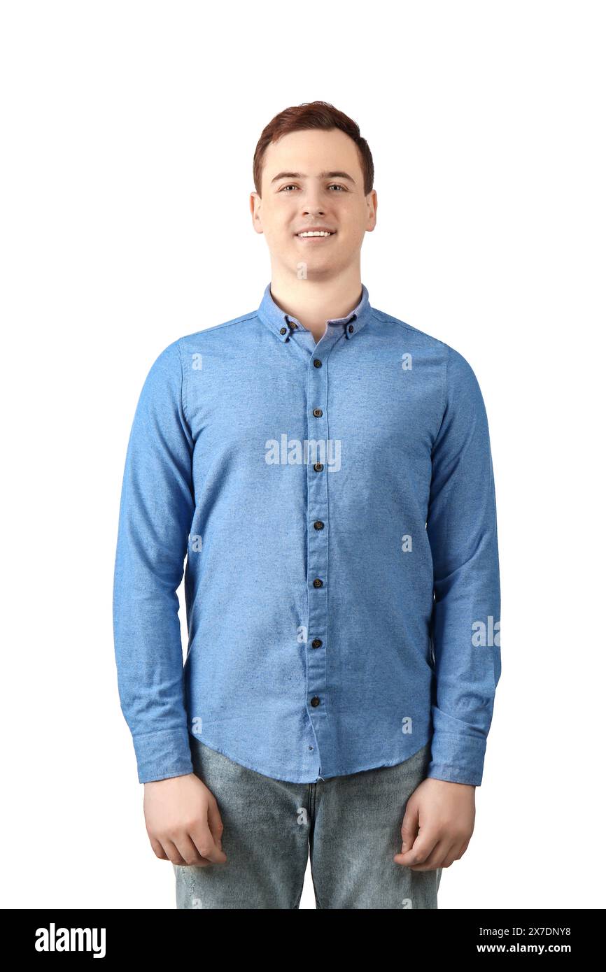 Handsome young man in stylish blue collar shirt on white background ...