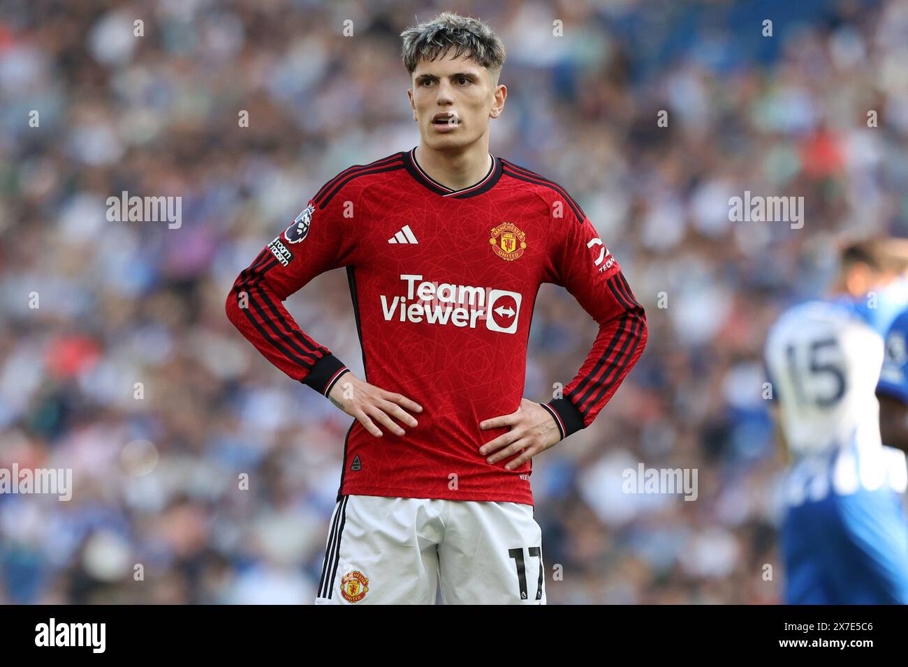 Alejandro Garnacho in action for Manchester United FC against Brighton & Hove Albion at the AMEX Stadium Stock Photo