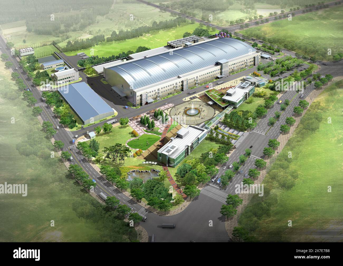 Architectural illustration of a modern factory complex producing ...