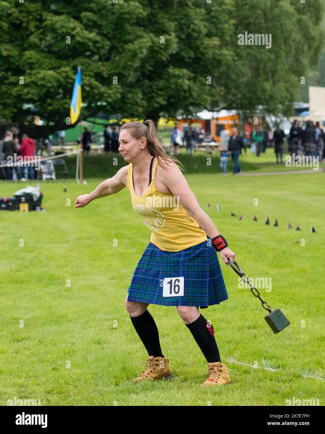 19 May 2024. Gordon Castle Highland Games,Fochabers,Moray,Scotland. This is a lady competing in the 28 Pound Weight Throw competition in the Womens Hi Stock Photo