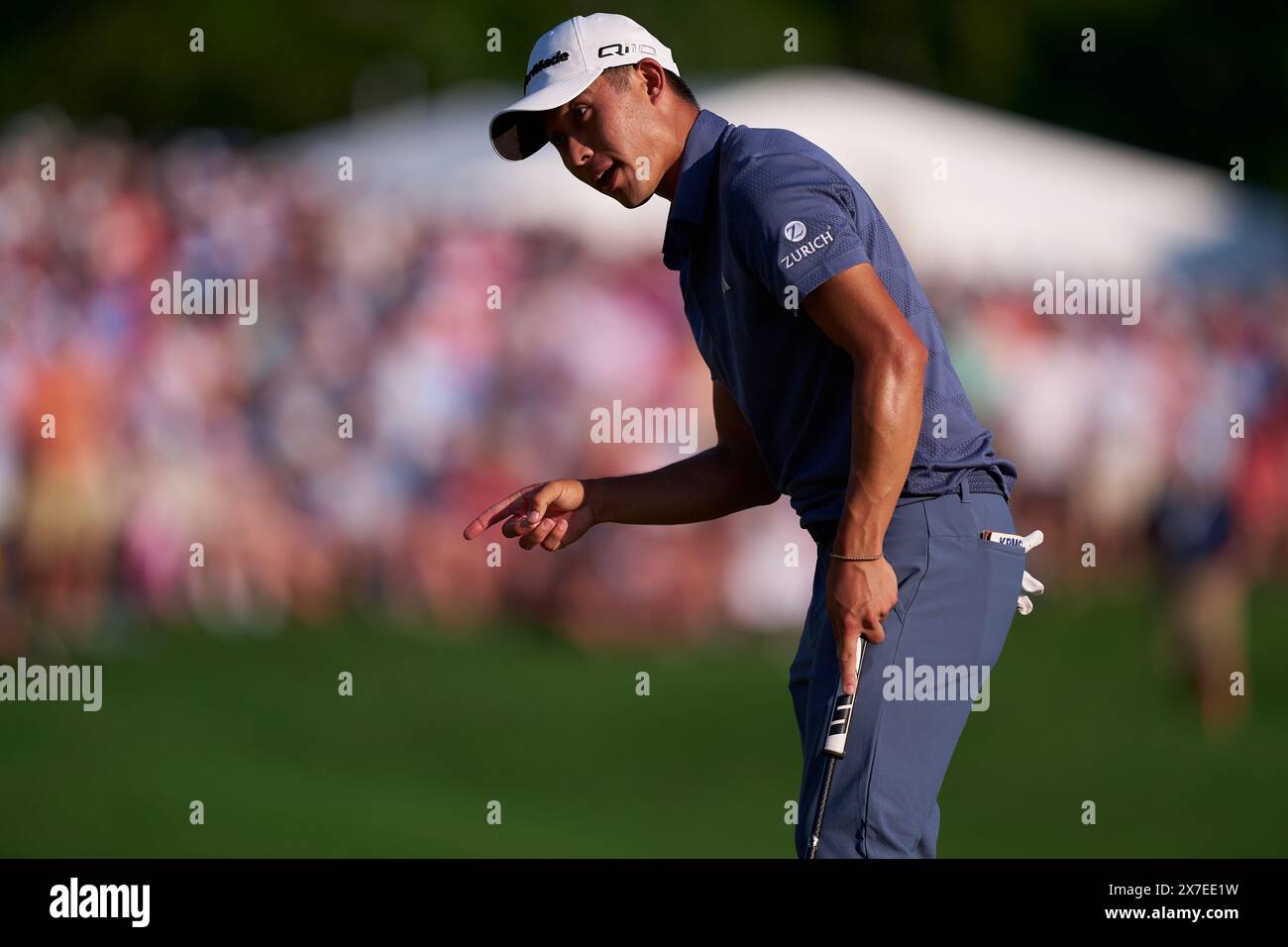 Collin Morikawa of The United States celebrates his birdie in 18th hole during Fourth Round of the 2024 PGA Championship at Valhalla Golf Club on May Stock Photo