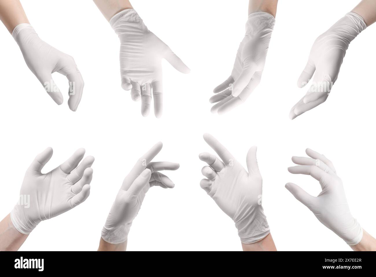 Woman wearing medical glove on white background, closeup. Collage of photos Stock Photo