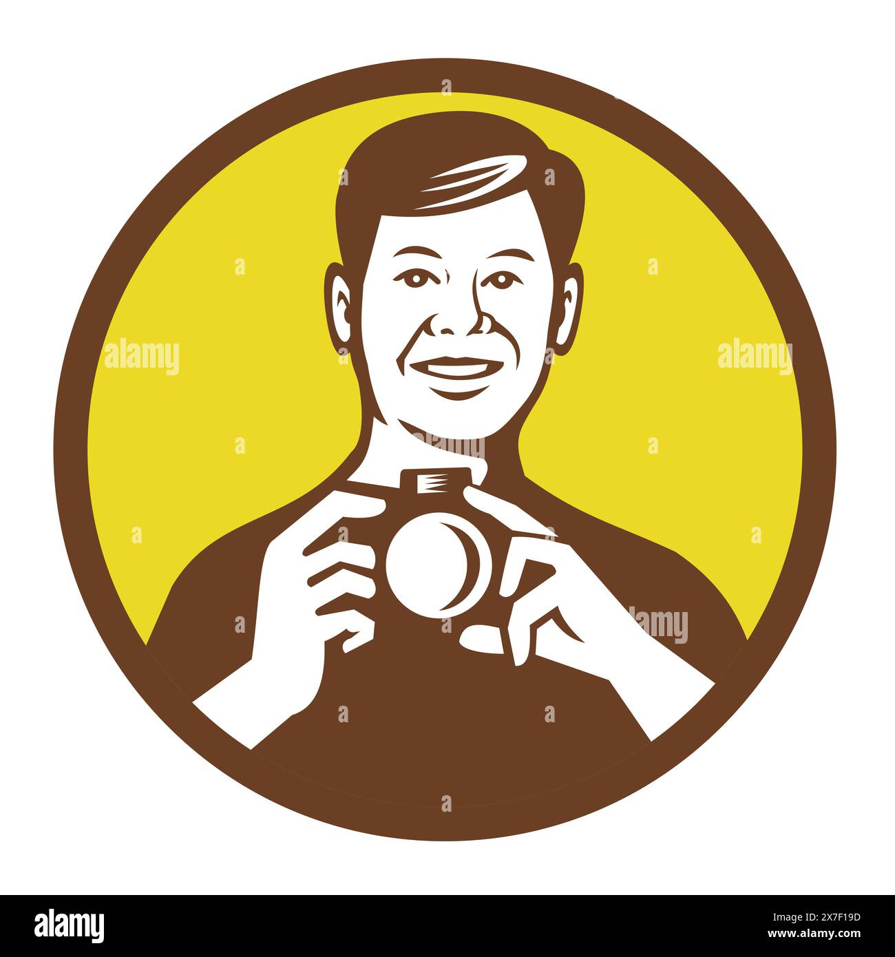 Retro style illustration of a gay Asian photographer holding a digital camera viewed from front set inside circle on isolated background done in black Stock Vector