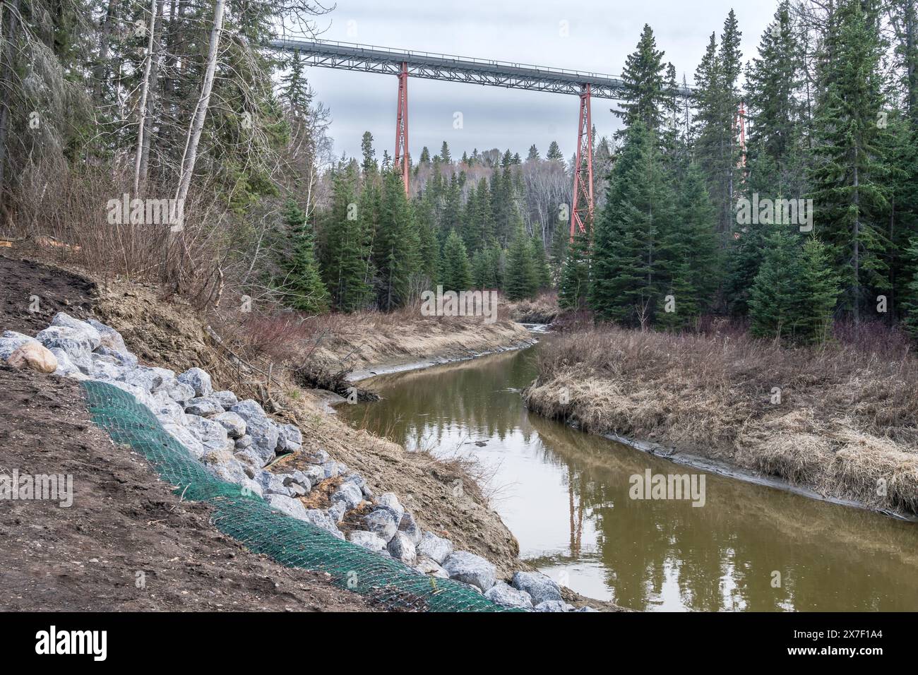 Whitemud Creek Sewer Pipeline Bridge in Edmonton, Alberta, Canada in early spring season Stock Photo