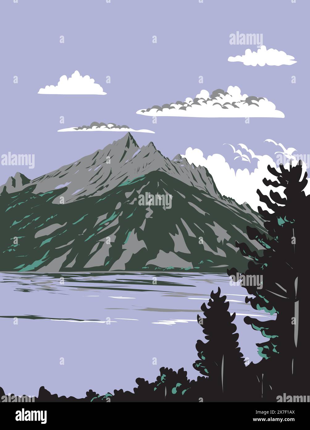 WPA poster art of Jenny Lake located in Grand Teton National Park in Wyoming United States of America USA done in works project administration or Art Stock Vector