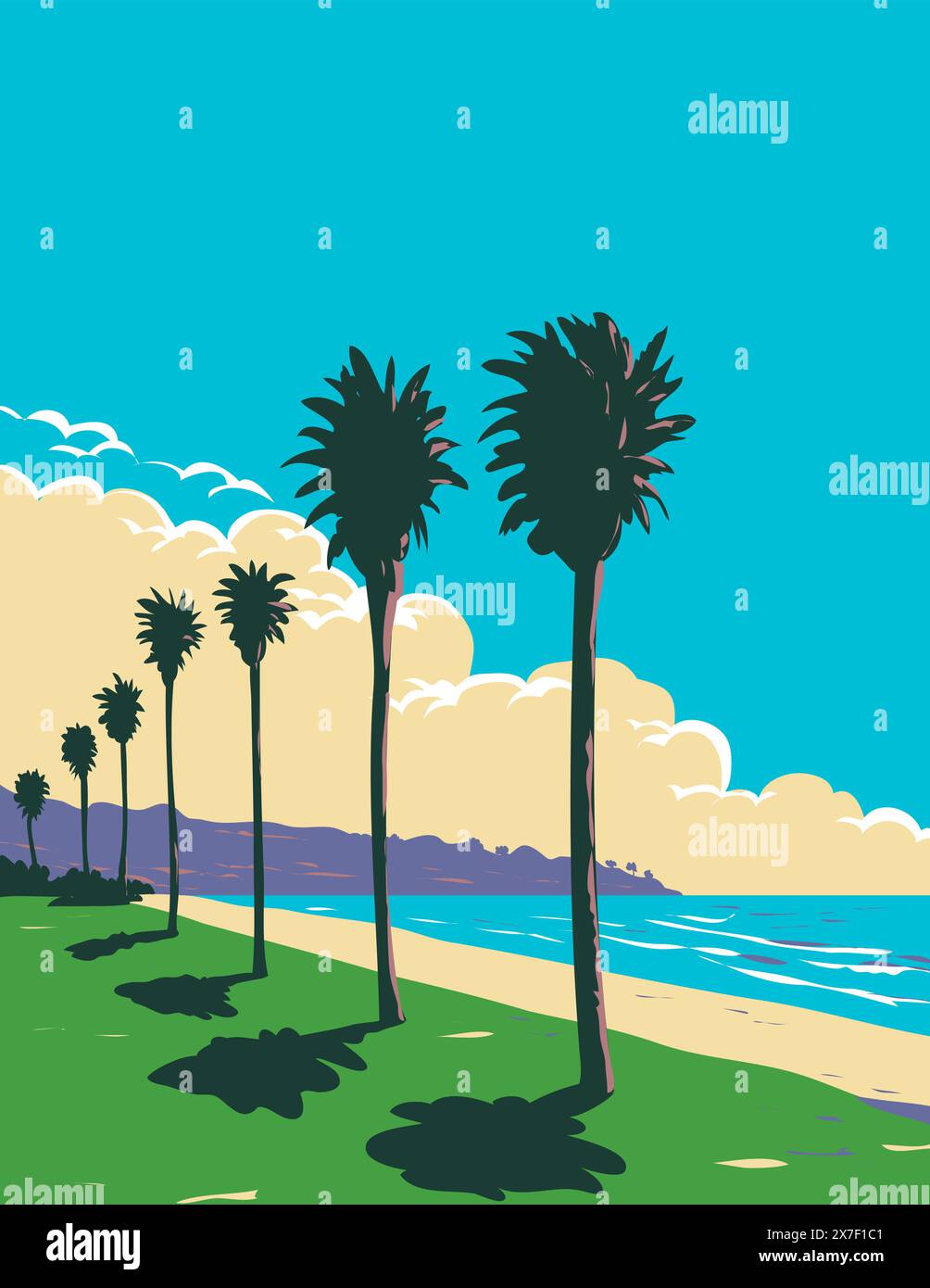WPA poster art of surf beach at La Jolla Shores Beach in San Diego, California CA, United States of America USA done in works project administration. Stock Vector