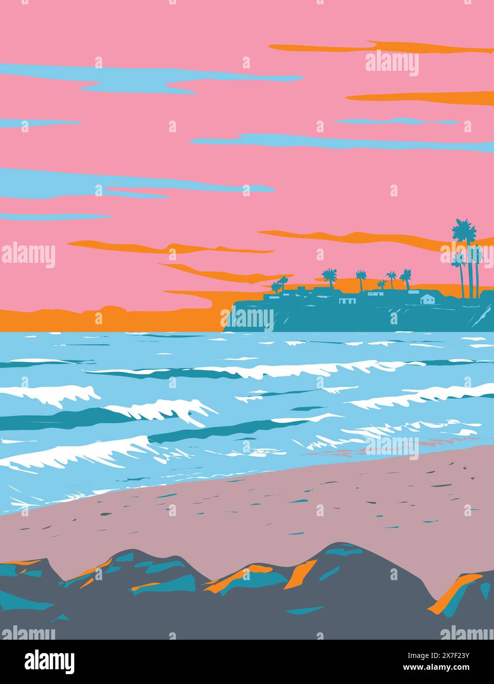 WPA poster art of surf beach at Tourmaline Surfing Park in North Pacific Beach, San Diego, California, United States of America USA done in works proj Stock Vector