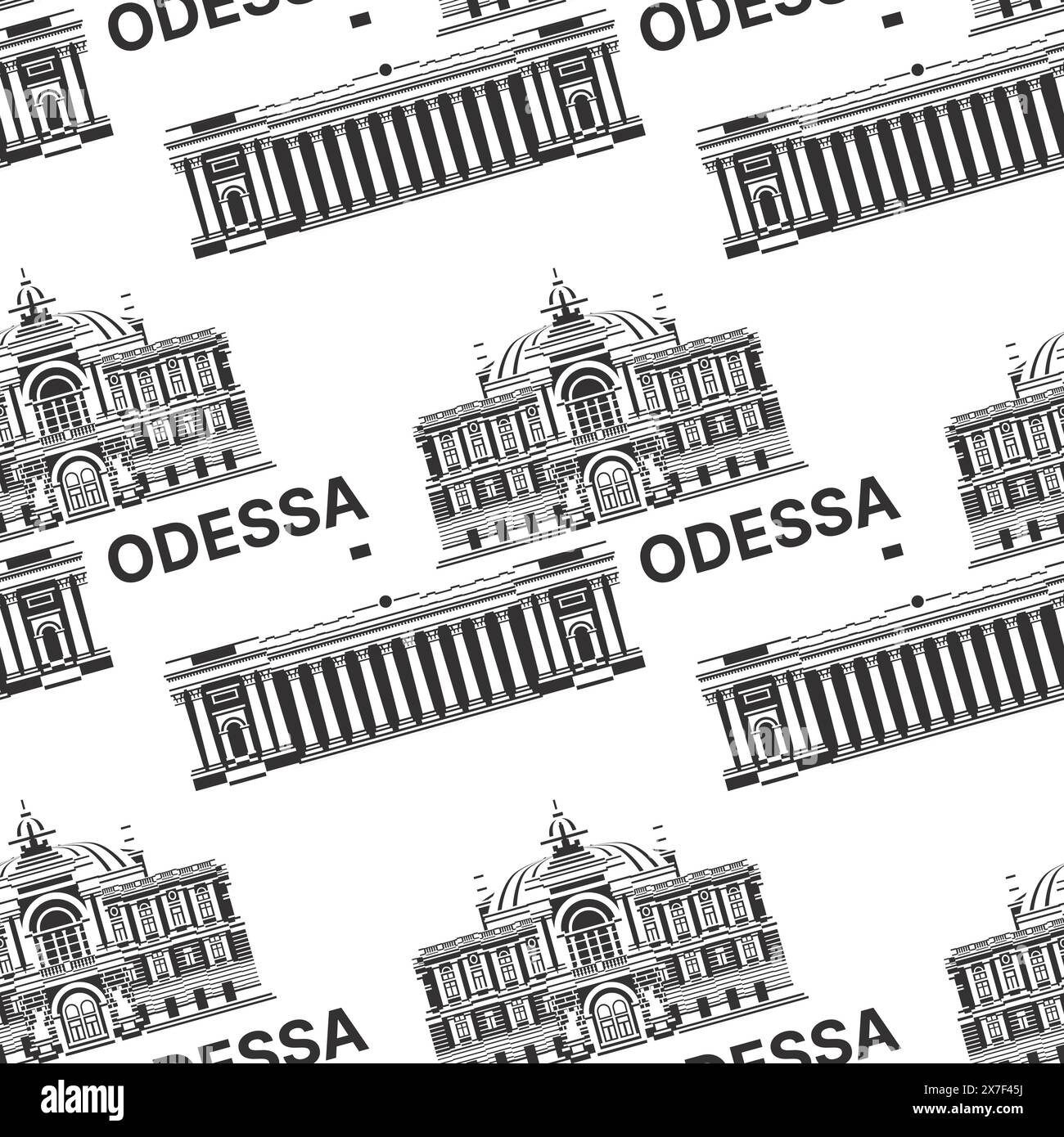 Seamless pattern with landmarks of Odessa. Vector illustration. Odesa Opera and Ballet Theatre with City Hall. Stock Vector