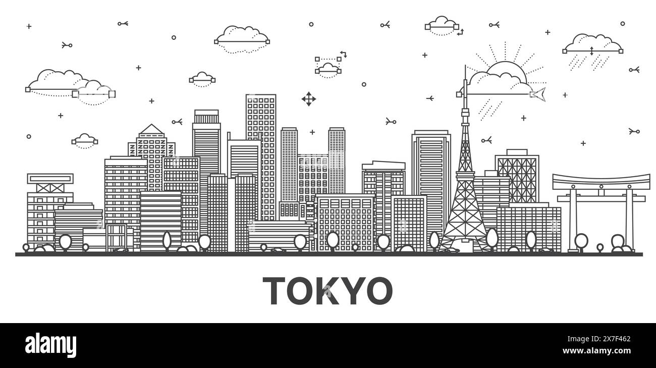 Outline Tokyo Japan city skyline with modern and historic buildings isolated on white. Vector illustration. Tokyo cityscape with landmarks. Stock Vector