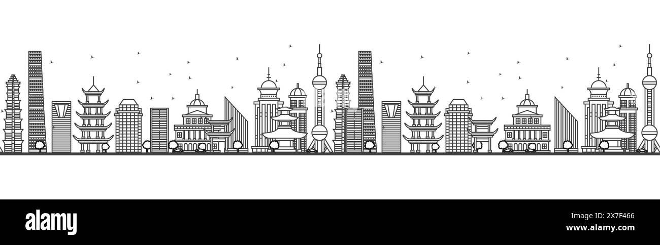 Seamless pattern with outline Shanghai China city Skyline. Modern Buildings. Vector Illustration. Shanghai cityscape with landmarks. Stock Vector