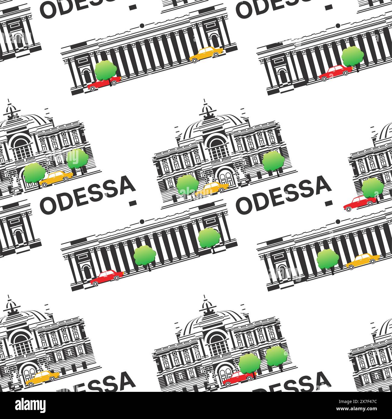 Seamless pattern with landmarks of Odessa. Vector illustration. Odesa Opera and Ballet Theatre with City Hall. Green tree with cars. Stock Vector