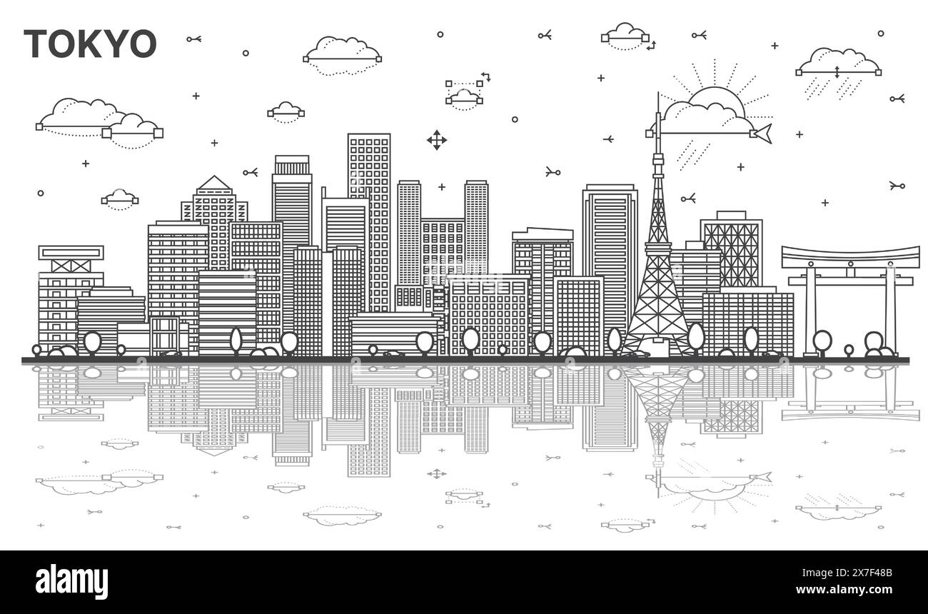 Outline Tokyo Japan city skyline with modern and historic buildings and refletions isolated on white. Tokyo cityscape with landmarks. Stock Vector