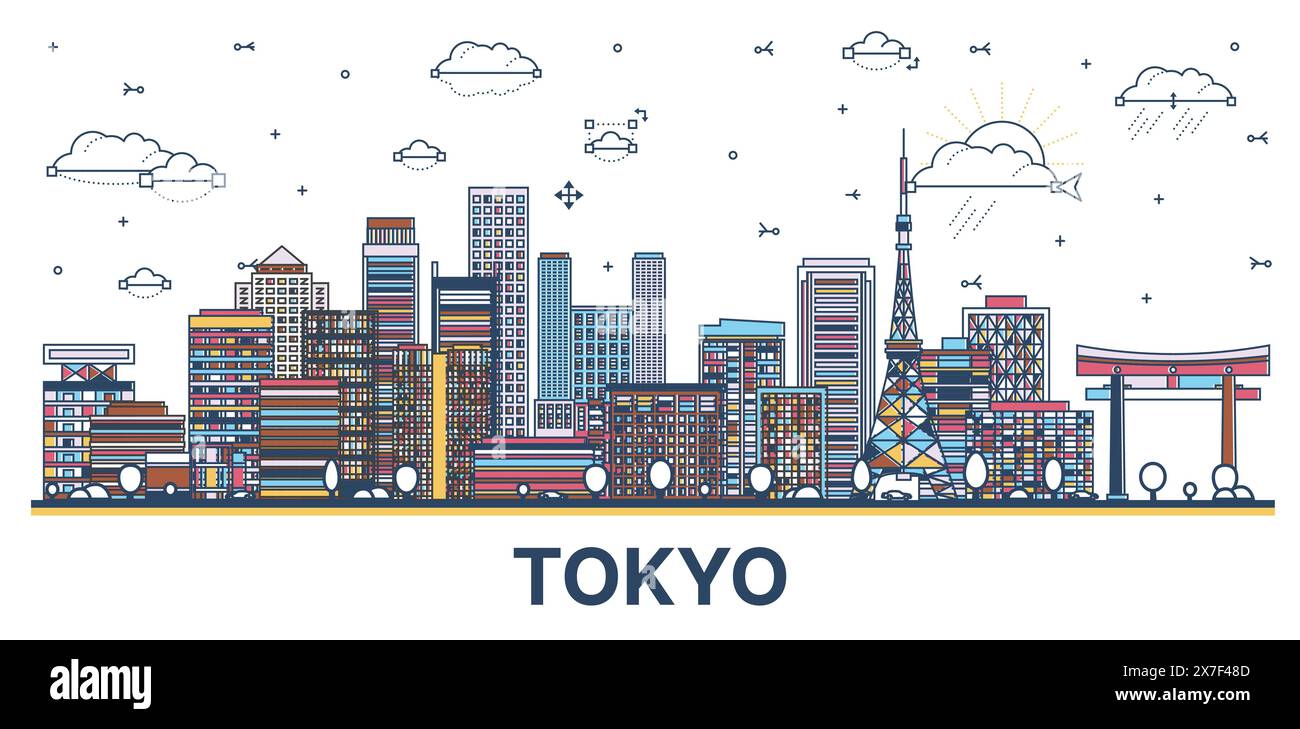 Outline Tokyo Japan city skyline with colored modern and historic buildings isolated on white. Vector illustration. Tokyo cityscape with landmarks. Stock Vector