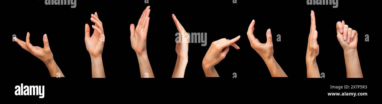 Set of woman hands showing different gestures, pointing and showing signs isolated on black background Stock Photo