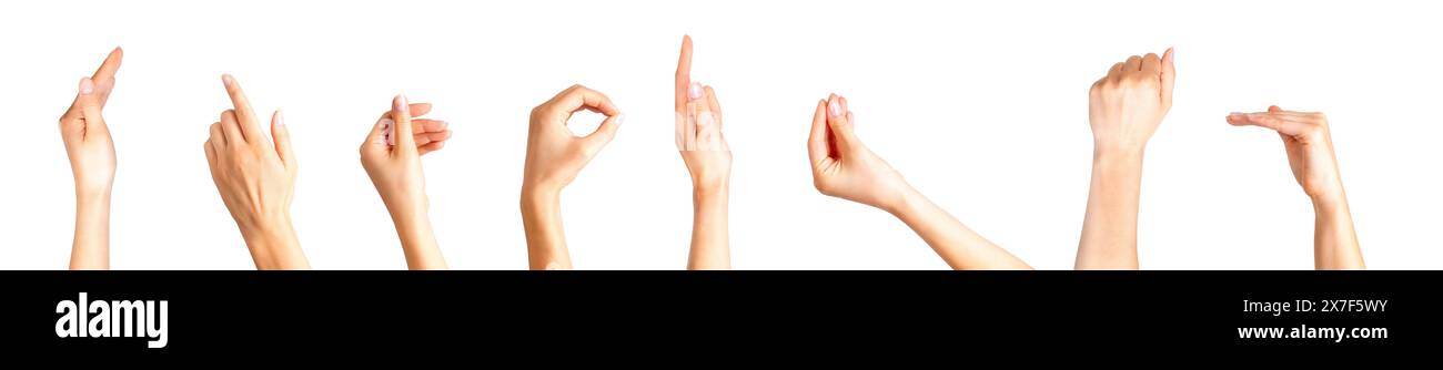 Set of woman hands showing different gestures, pointing and showing signs isolated on white background Stock Photo