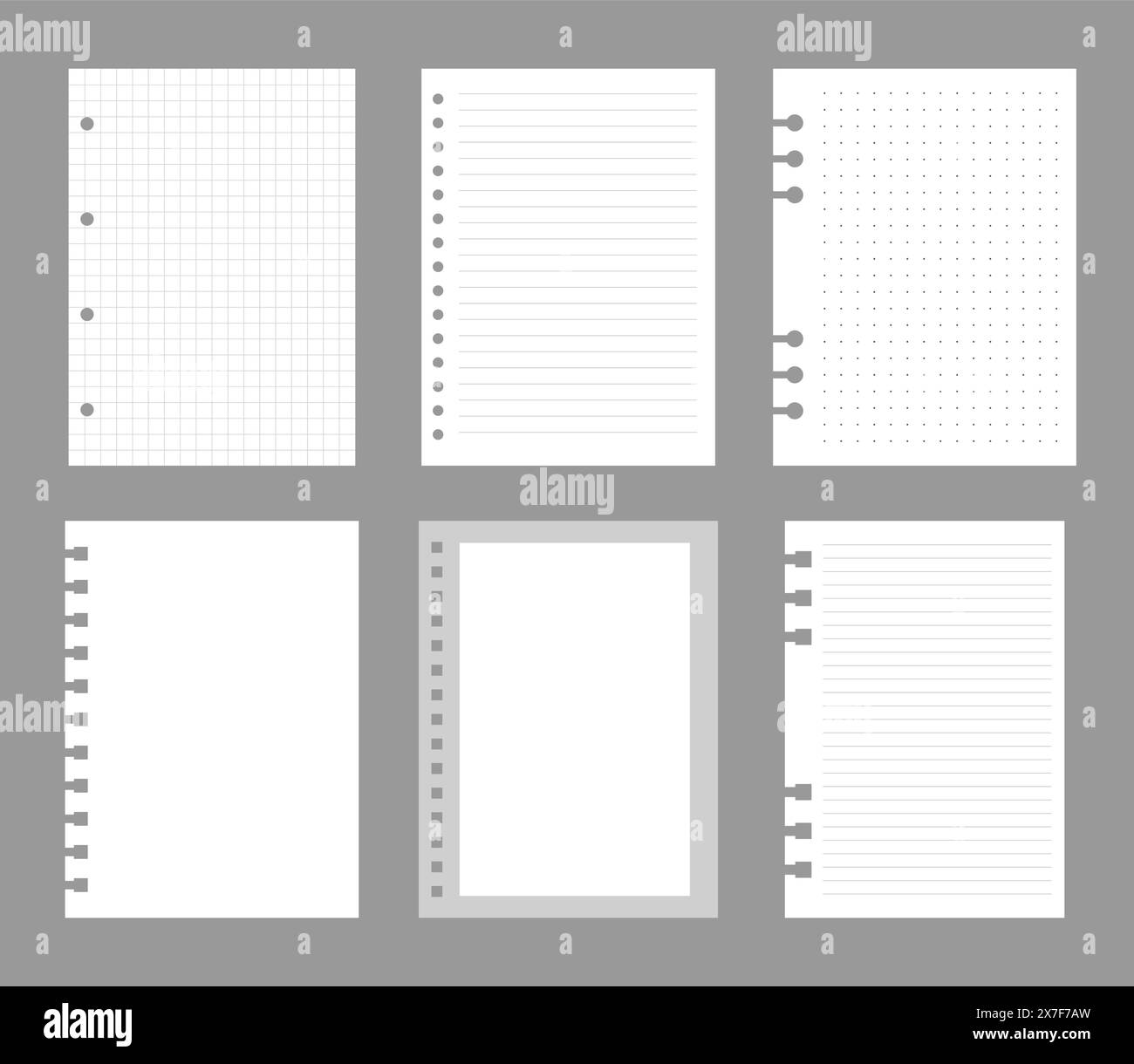 Set of notebook sheets isolated on gray background. Realistic white blanks of checkered, lined and dots paper. Different vertical pages from diary Stock Vector