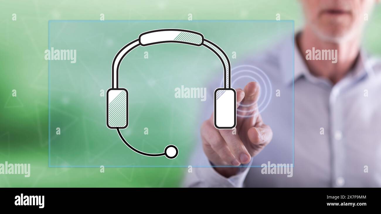 Man touching a technical support concept on a touch screen with his finger Stock Photo