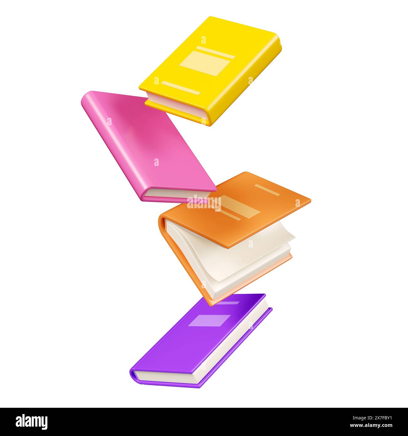 Floating books with bright color hardcover isolated on white. Cartoon 3d render illustration Stock Photo