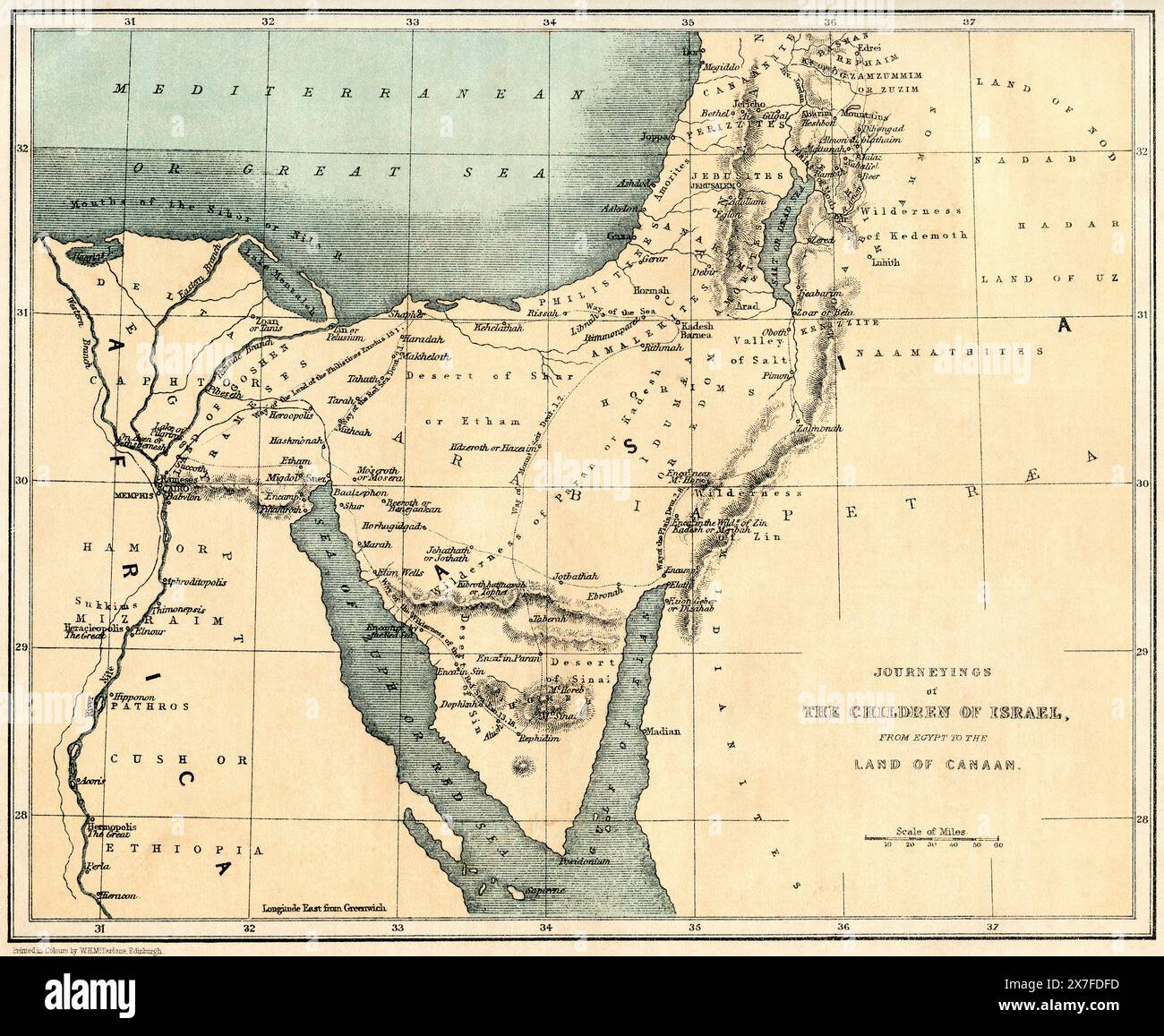 19th century map showing the Journeyings of The Children of Israel from Egypt to the Land of Canaan. Stock Photo