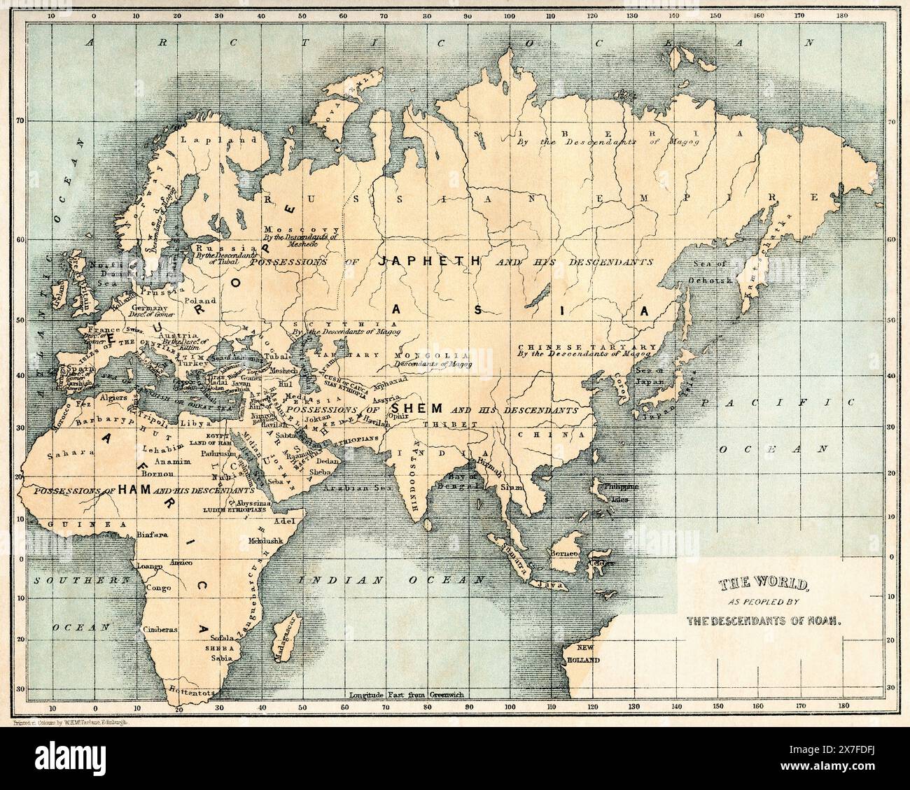 19th century map showing The World as peopled by The Descendants of Noah. Stock Photo