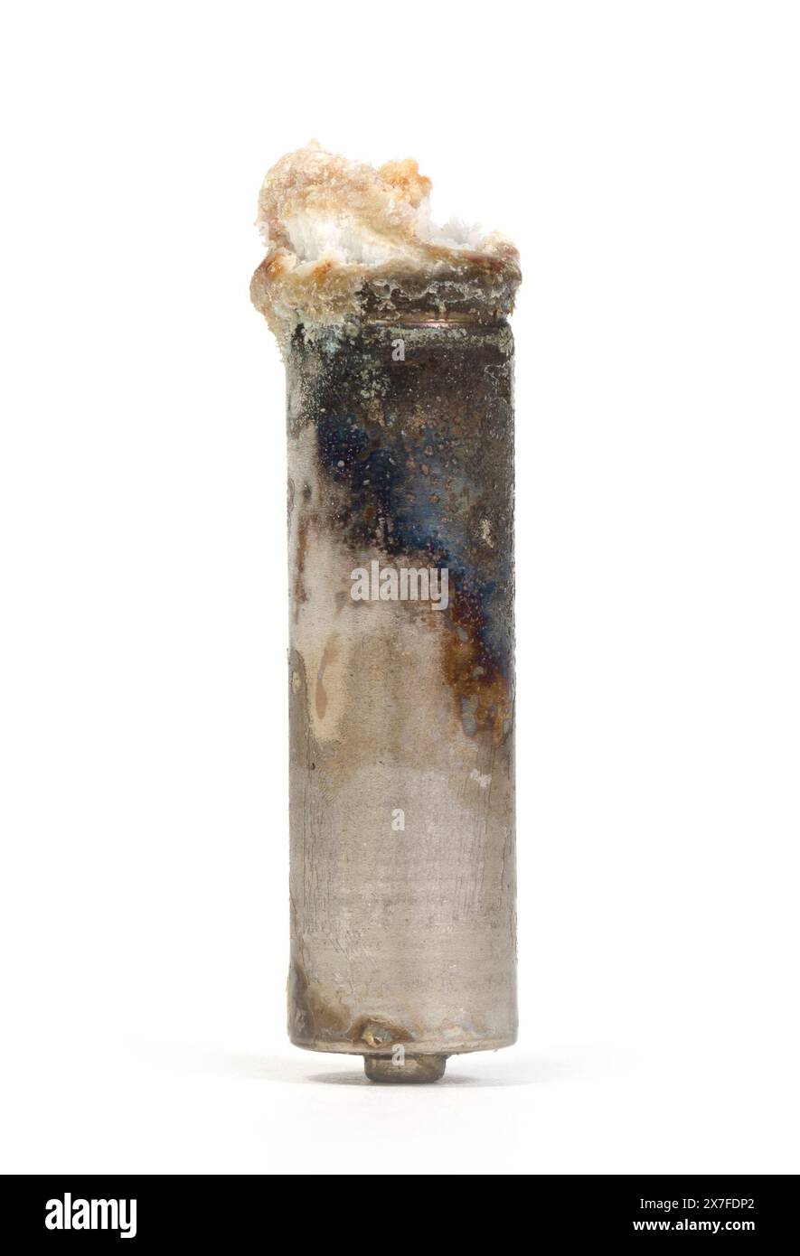 Unbranded corroded alkaline battery leaking potassium hydroxide