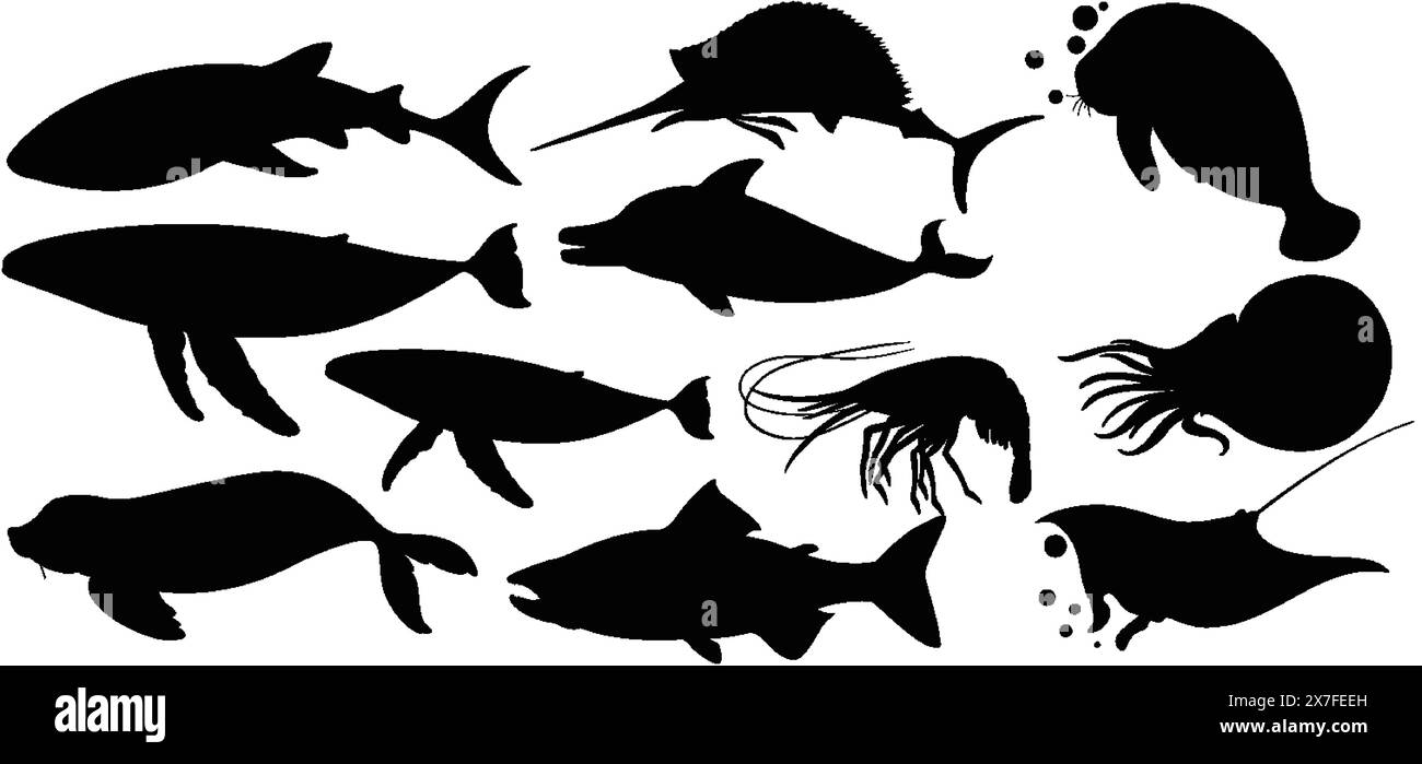 Black silhouettes of various sea creatures Stock Vector Image &amp; Art - Alamy