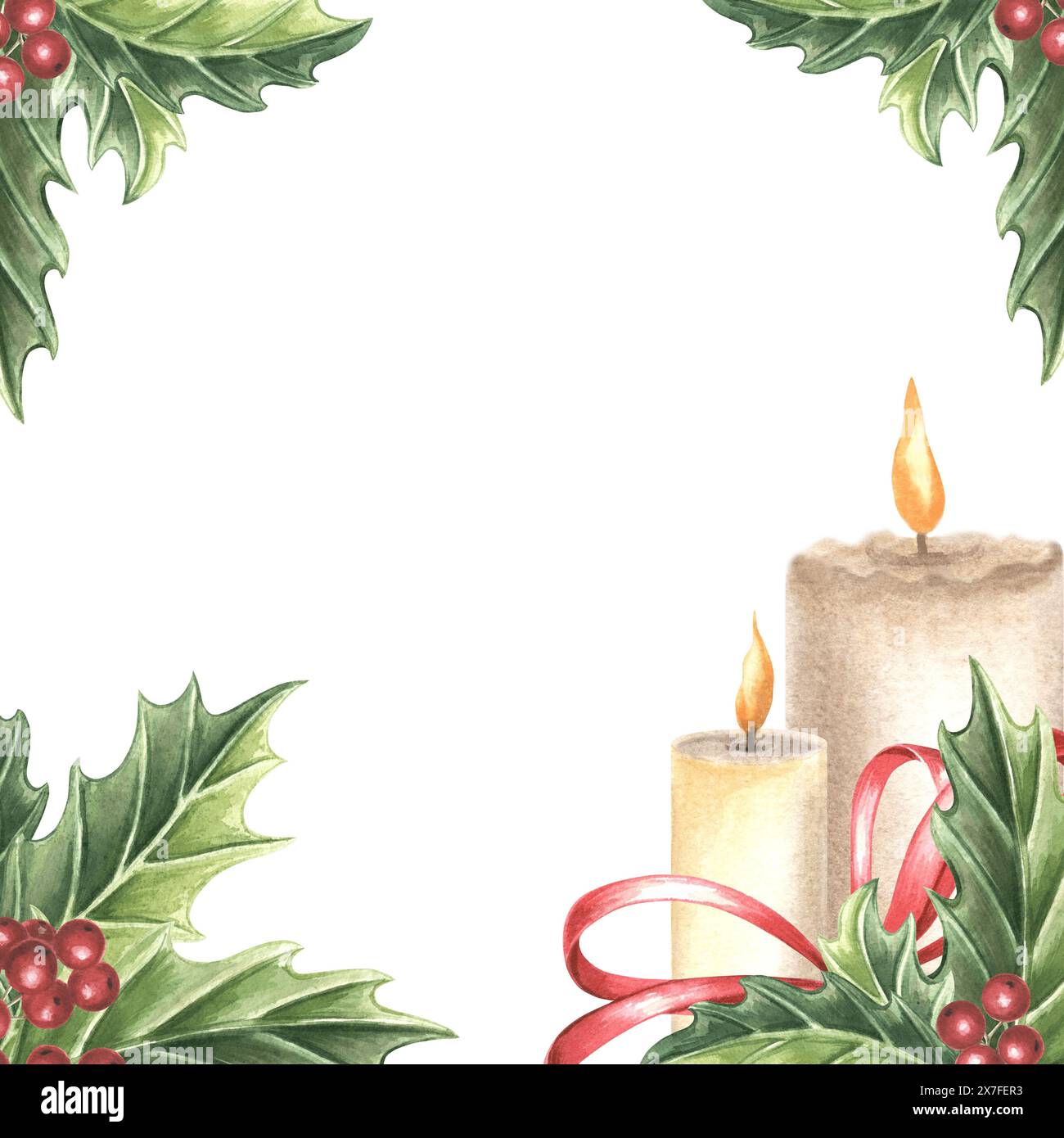 Christmas frame vintage Candle burning Holly with green leaves and red ...
