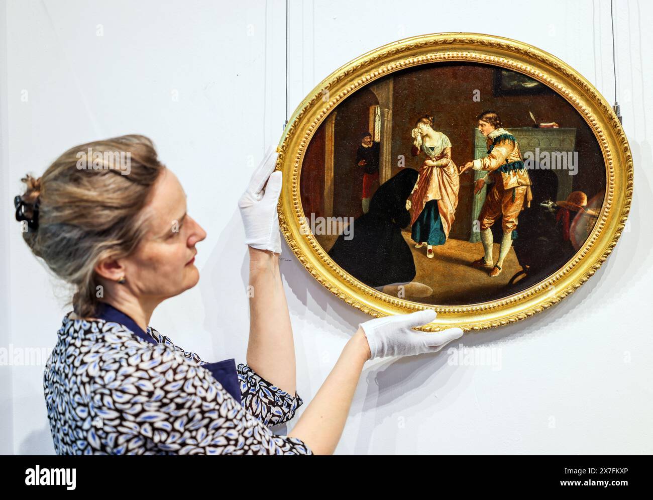 Olympia Auctions London 20 May 2024 A reverse glass print, English 19th Century, The Continence of Chevalier Bayard' after Edward Penny (1714-1791) in giltwood frame Est £ 100-200 Auction Date 23-May 2024.25 Blythe Road. Credit: Paul Quezada-Neiman/Alamy Live News Stock Photo