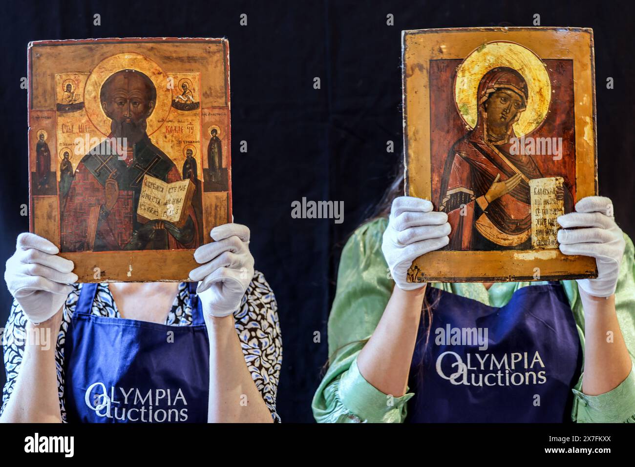 Olympia Auctions London 20 May 2024 (R) A Russian icon of the Mother of God, 19th Century Est £120-180 (L) A Russian icon of Saint Nicholas the wonder worker late 19th Century Est £200-300 Auction Date 23-May 2024.25 Blythe Road. Credit: Paul Quezada-Neiman/Alamy Live News Stock Photo