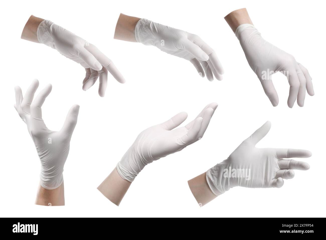 Woman wearing medical glove on white background, closeup. Collage of photos Stock Photo