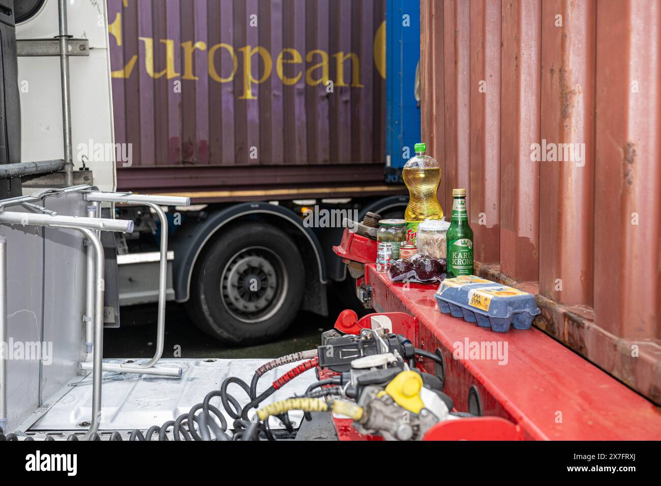 Antwerp, Belgium. 20th May, 2024. Food items are seen pictured on a lorry as the Antwerp Police Zone, the Federal Police, the Social Intelligence and Investigation Service SIOD and the European Labor Authority ELA are organizing a large-scale heavy transport inspection action under the leadership of the labor auditor, with a focus on the employment conditions of truck drivers, in Antwerp, Monday 20 May 2024. BELGA PHOTO JONAS ROOSENS Credit: Belga News Agency/Alamy Live News Stock Photo