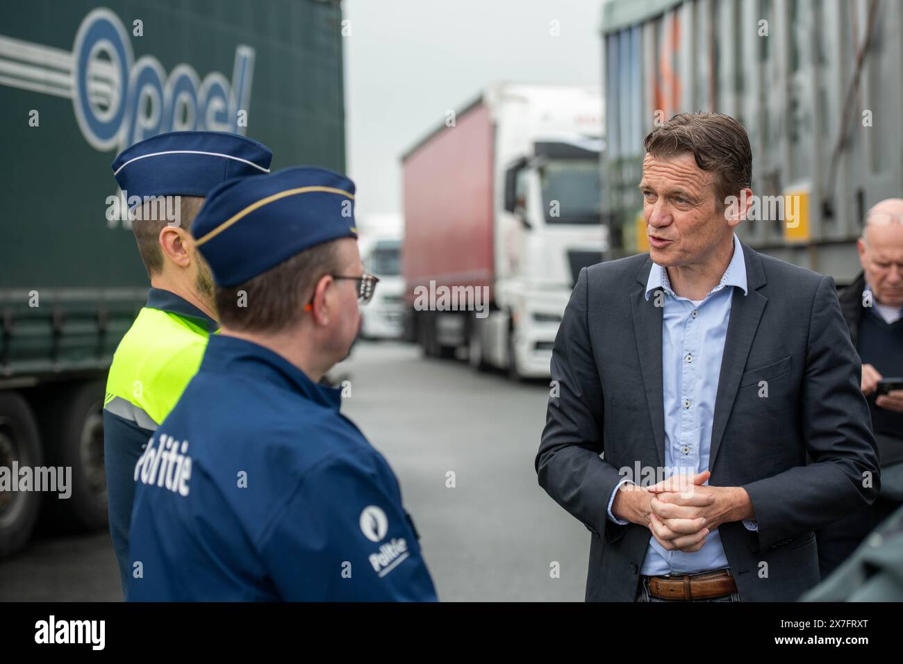 Antwerp, Belgium. 20th May, 2024. Minister of Justice Paul Van Tigchelt arrives at the Antwerp Police Zone, the Federal Police, the Social Intelligence and Investigation Service SIOD and the European Labor Authority ELA are organizing a large-scale heavy transport inspection action under the leadership of the labor auditor, with a focus on the employment conditions of truck drivers, in Antwerp, Monday 20 May 2024. BELGA PHOTO JONAS ROOSENS Credit: Belga News Agency/Alamy Live News Stock Photo