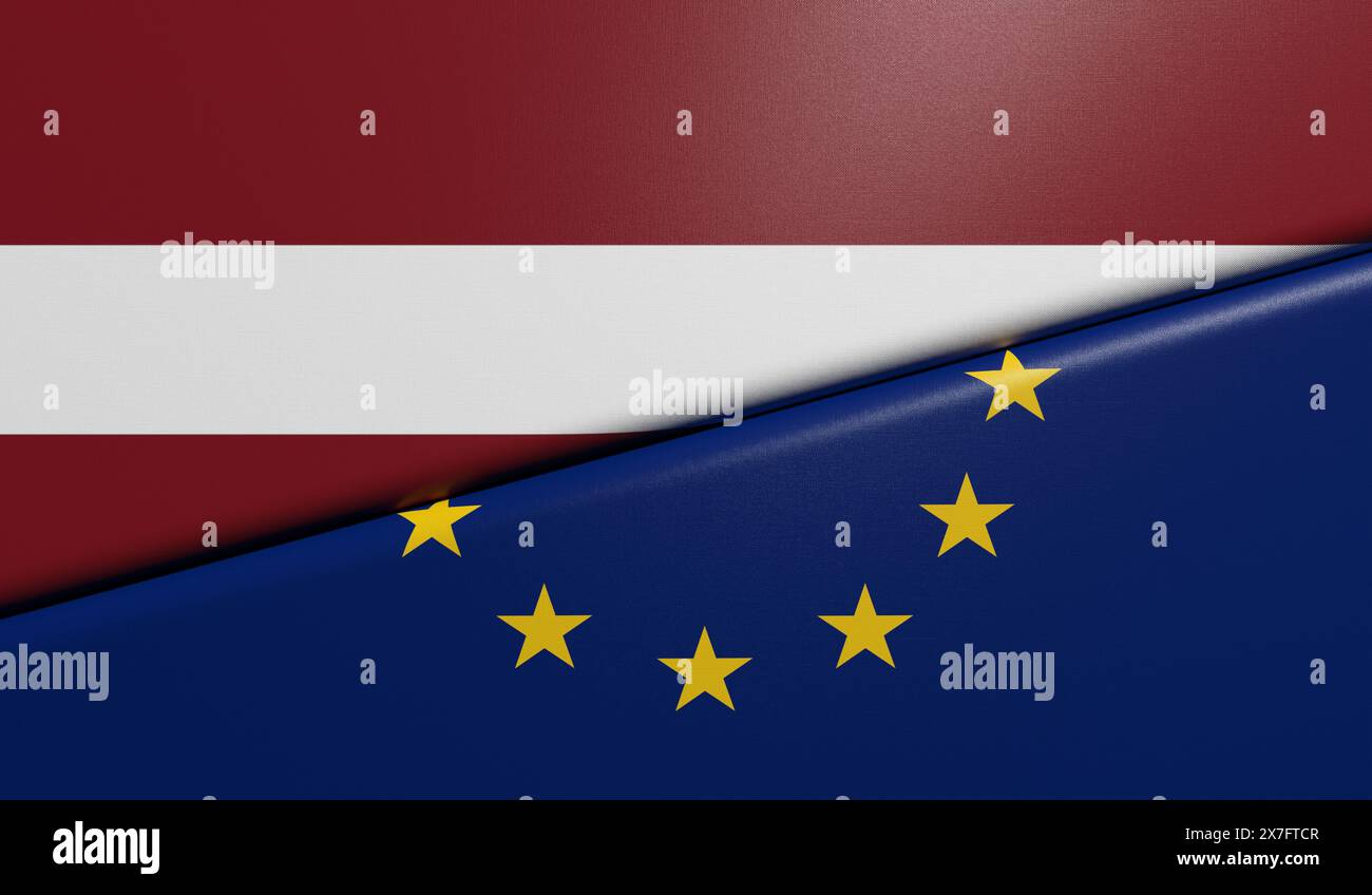 Latvian and European flags folded and glued together with fabric texture - 3D rendering Stock Photo