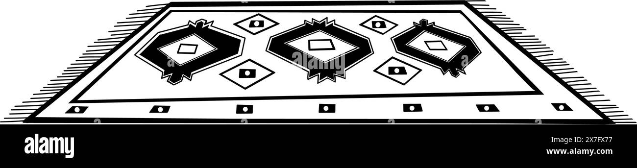 Floor carpet with an ornament, rhombuses, triangles drawn in vector with a black outline on a white background. Interior item, illustration. For print Stock Vector