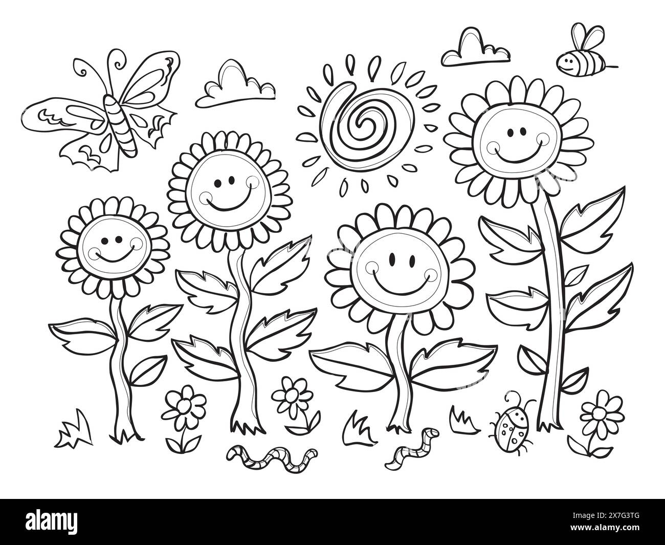 Vector black and white coloring sheet with smiley face flower illustration with sun swirl and moth. Suitable kids coloring activity. Stock Vector