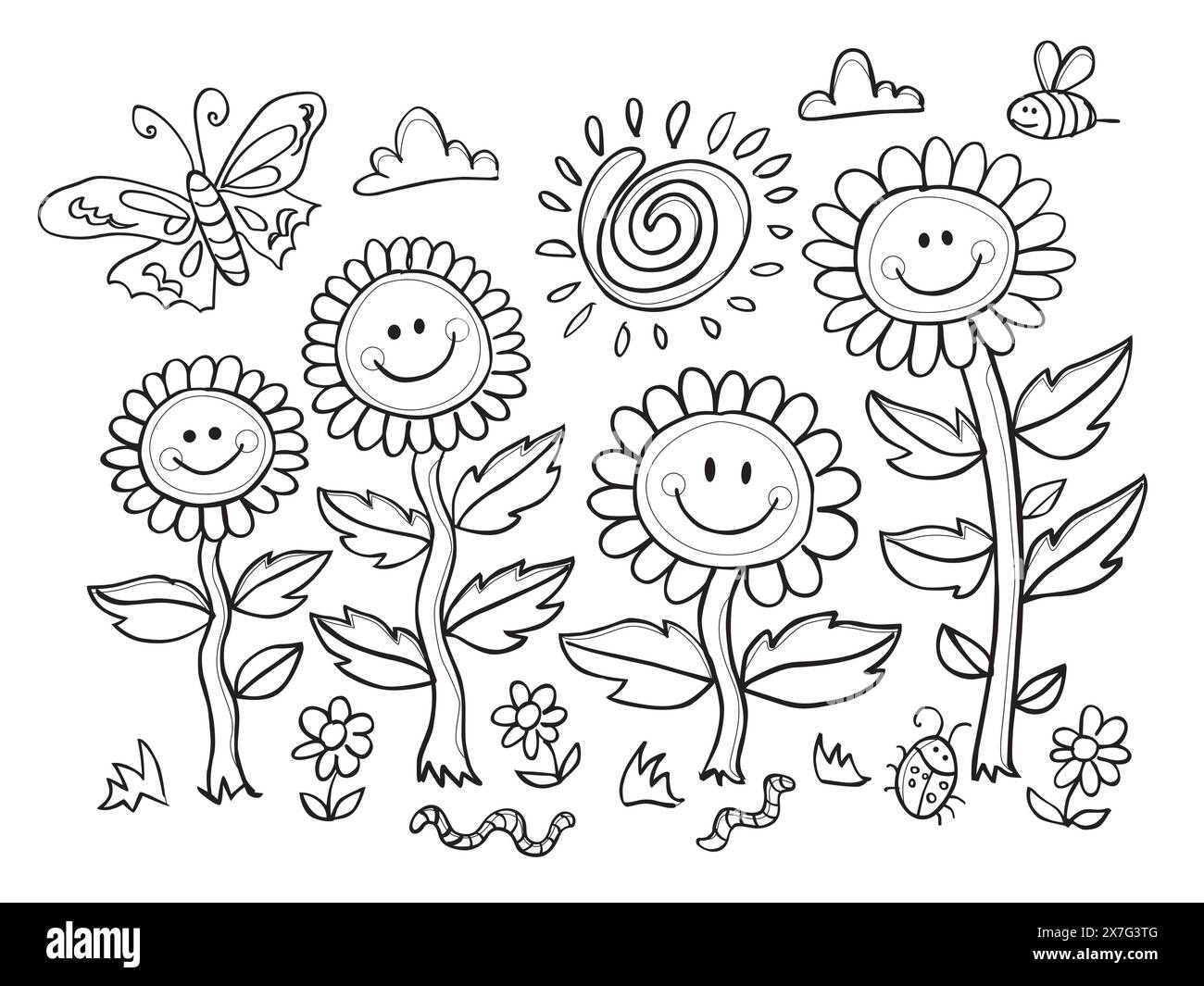 Vector black and white coloring sheet with smiley face flower ...