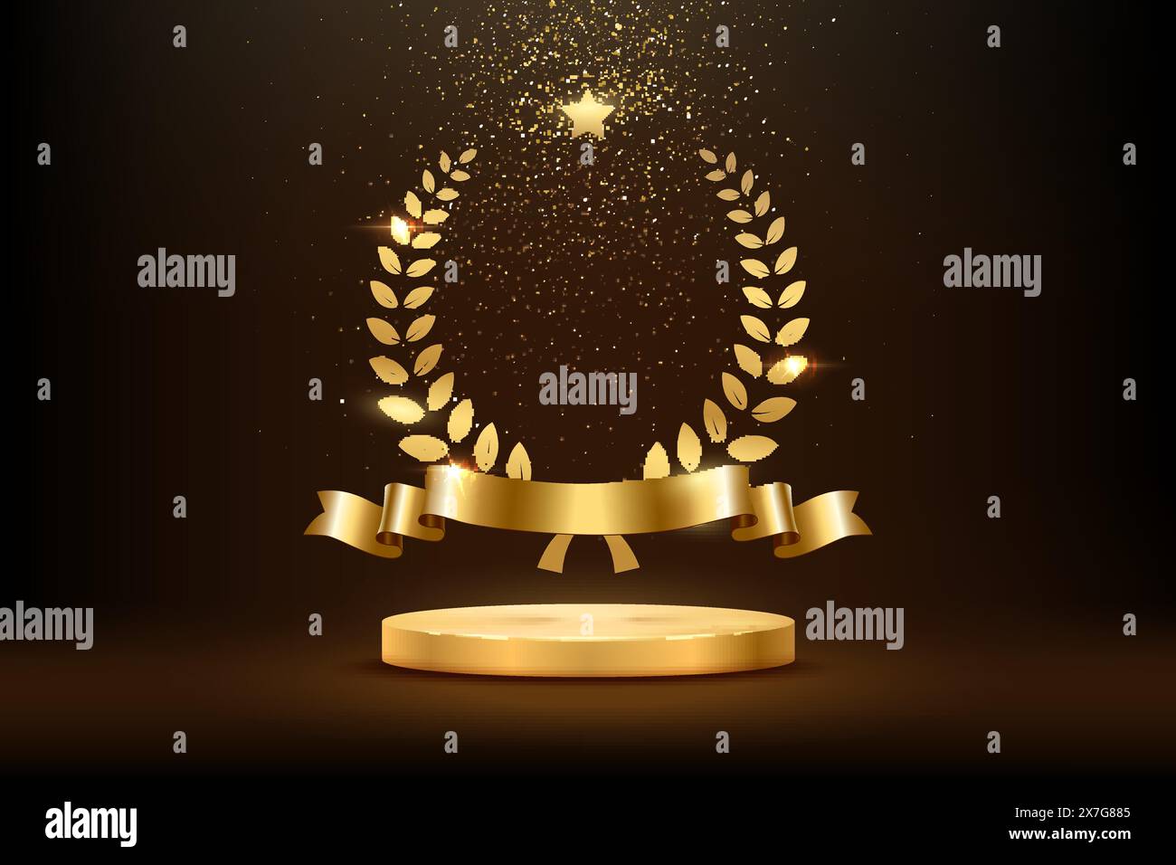 Gold award round podium with laurel wreath, ribbon, star, shiny glitter ...