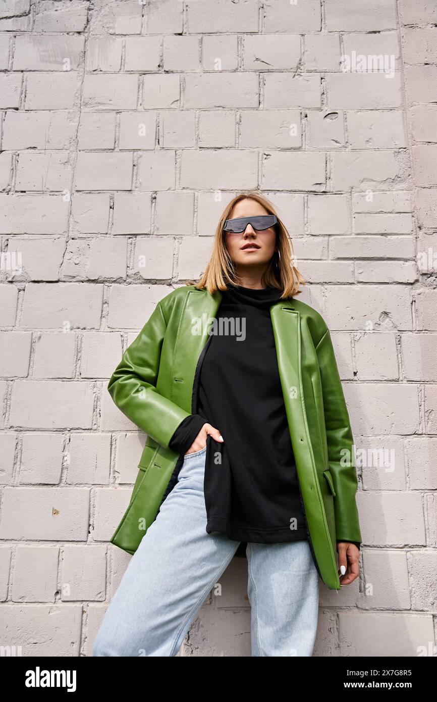 A woman in cozy attire leaning against a brick wall Stock Photo - Alamy