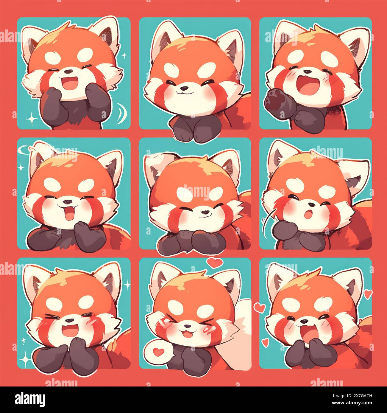 set of 9 red panda cute kawaii isolated funny and beautiful set for