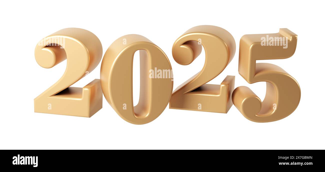 Happy New Year 2025 with shiny 3D numbers. Holiday christmas gold