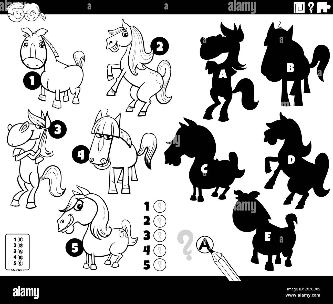 Cartoon illustration of finding the right shadows to the pictures educational activity with horses farm animal characters coloring page Stock Vector