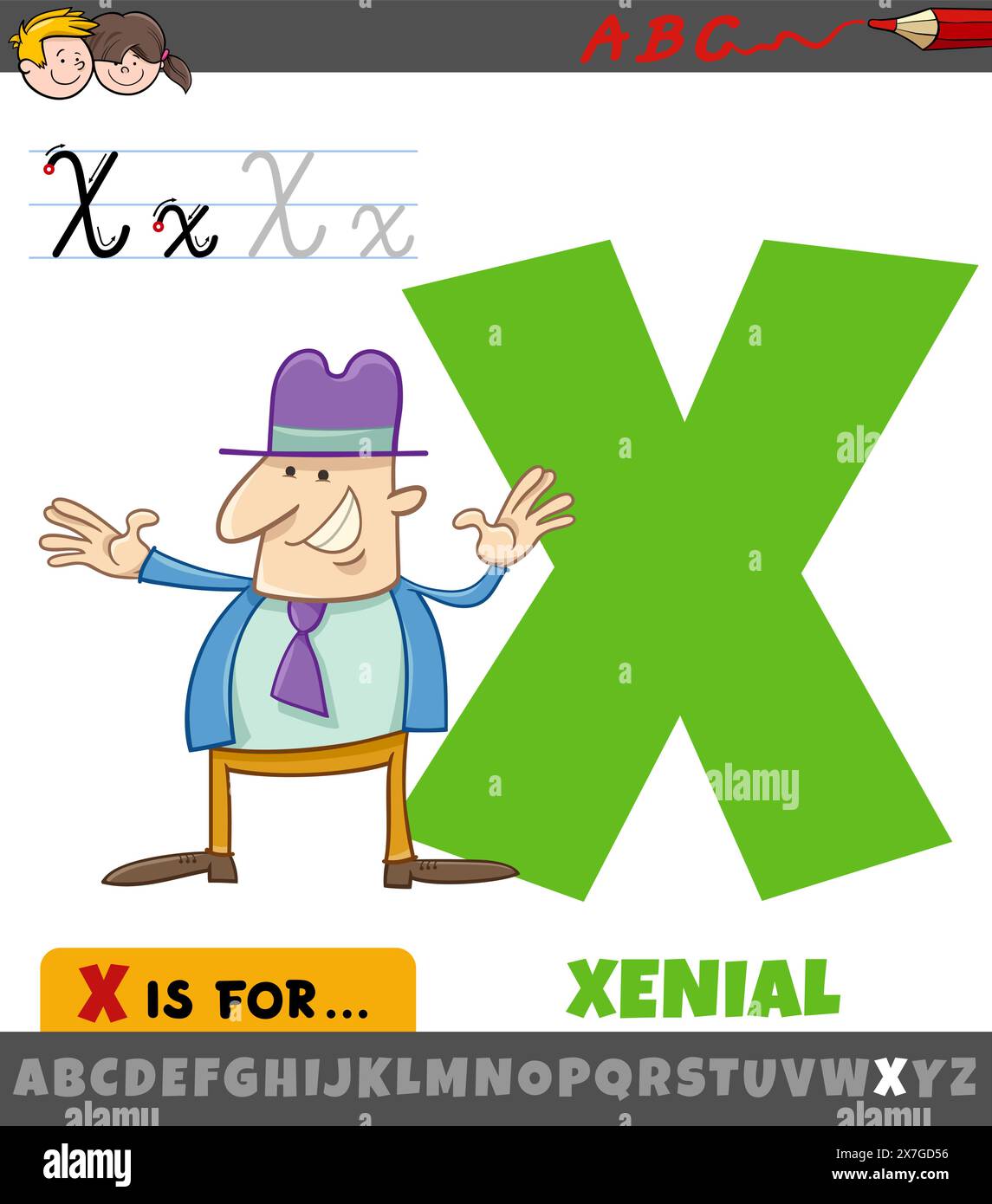 Educational cartoon illustration of letter X from alphabet with xenial