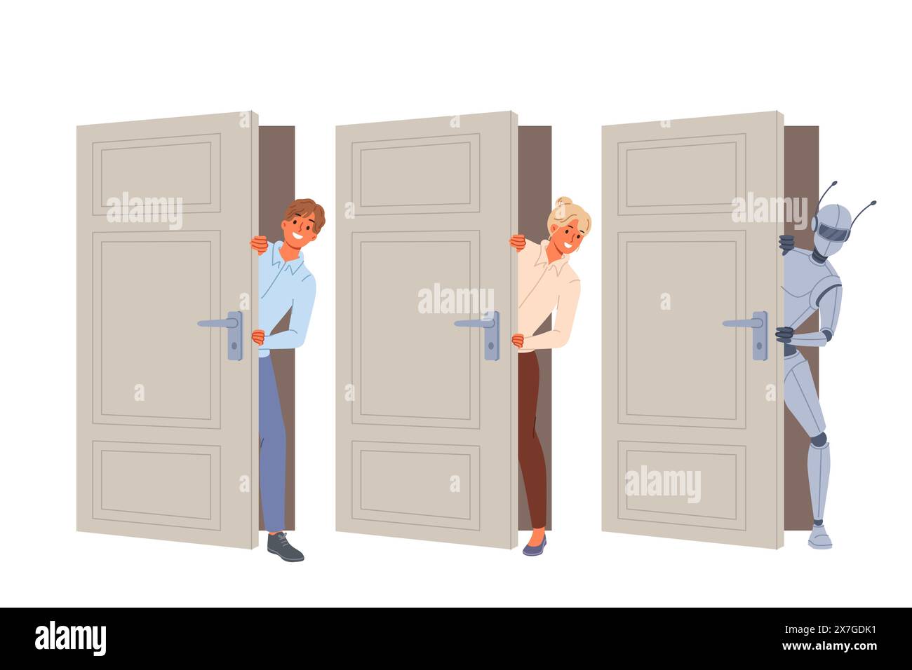 Team of AI robot and humans are ready to work on complex project and look out door together Stock Vector
